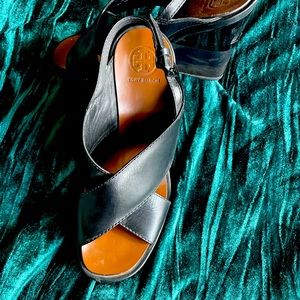 Tory Burch black and cognac wedge sandal